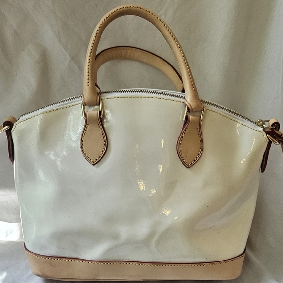 Vintage Dooney & Bourke Ivory Patent Leather Satchel Handbag Crossbody 2 Straps - Picture 13 of 14